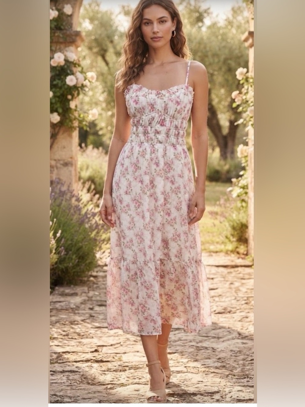 Storia White Pink Floral Ruffled Midi Midi Maxi Dress NWOT. Size Medium.